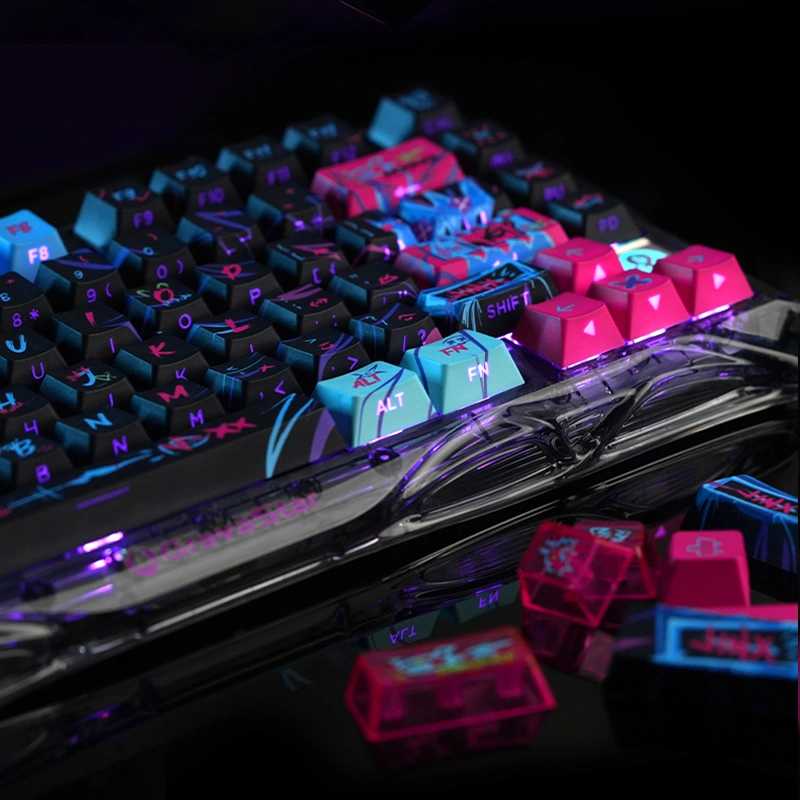 keysfusion-jinx-keycaps-cherry-profile-2 Mechanical keyboard with Jinx keycaps showing RGB lighting, hot pink accents and electric blue legends on black PBT keys