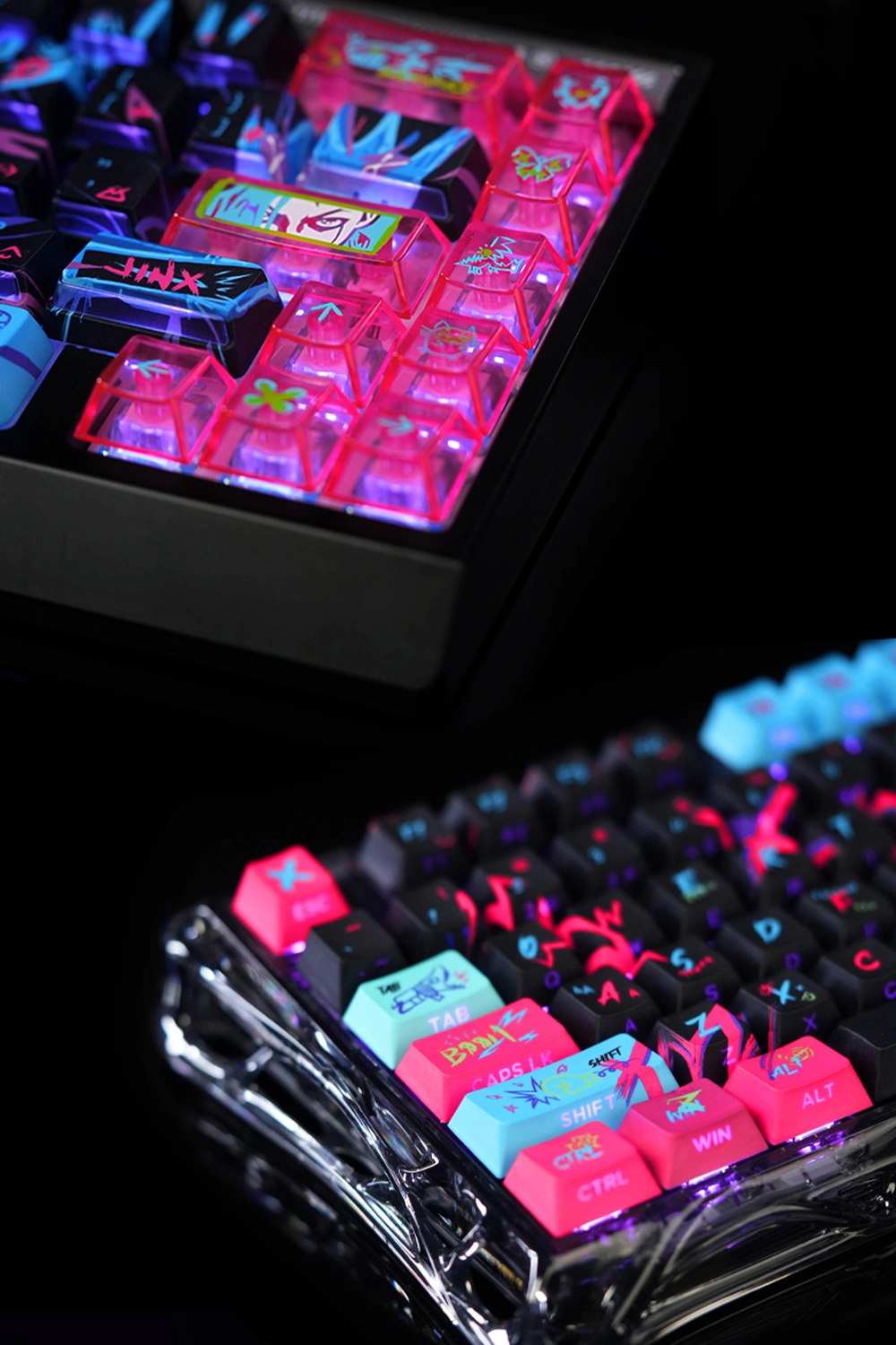 keysfusion-jinx-keycaps-dual-options-1 Top-down view of Jinx Nuclear Power keyboard featuring hot pink and cyan transparent novelties with L-shaped RGB lighting windows