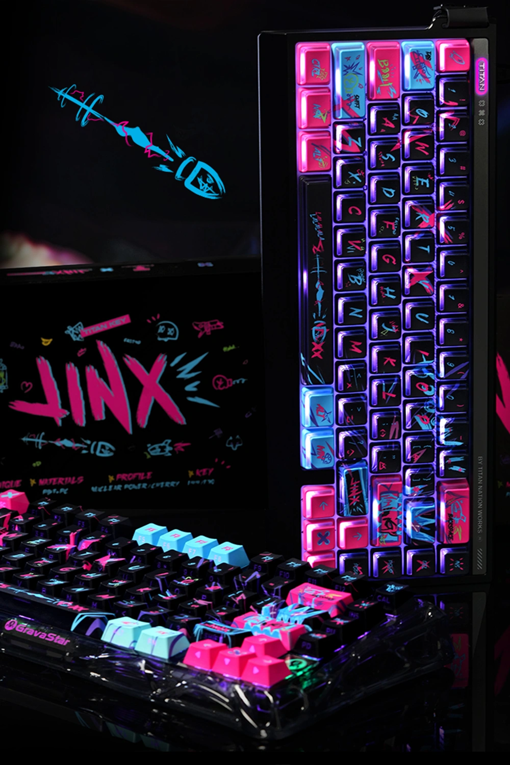 keysfusion-jinx-keycaps-dual-options-2 Two Jinx keyboards side by side comparing Cherry Profile and Nuclear Power versions with RGB lighting and transparent novelty keycaps