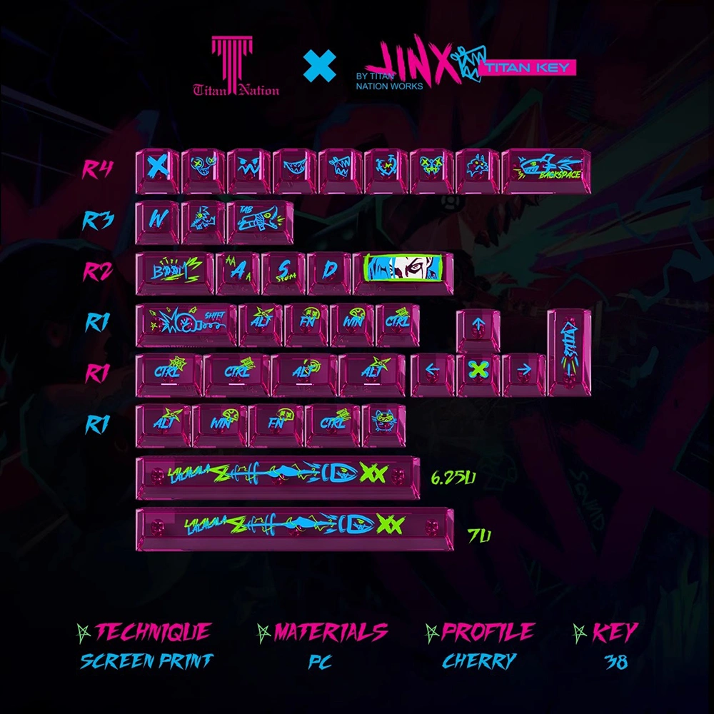 keysfusion-jinx-keycaps-extension-layout Transparent pink PC expansion keycap kit layout showing 38-key set with Jinx symbols and graffiti legends for RGB keyboards