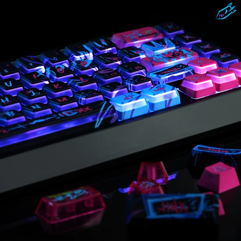 keysfusion-jinx-keycaps-nuclear-power-profile-2 Transparent PC Jinx novelty keycaps with pink and cyan colors displaying brilliant RGB light diffusion and iconic symbols