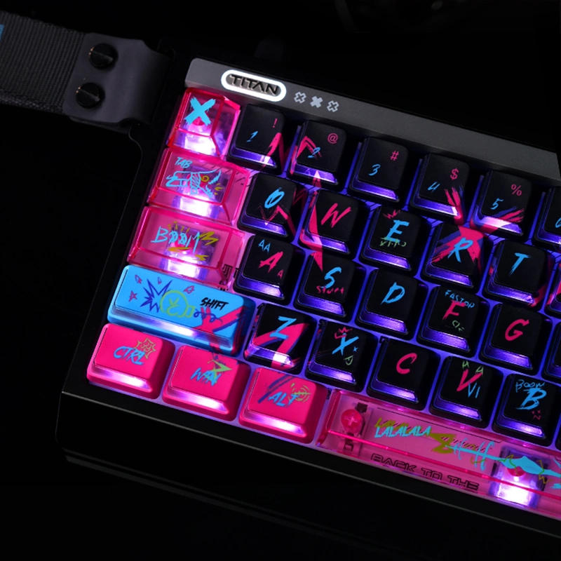 keysfusion-jinx-keycaps-nuclear-power-profile-4 Close-up of Jinx keycaps Esc row showing transparent pink novelties with L-shaped light windows and vibrant RGB backlighting
