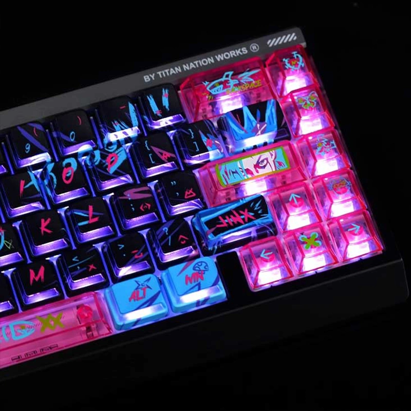 keysfusion-jinx-keycaps-nuclear-power-profile-5 Jinx keycaps numpad area with transparent pink novelties and blue accents showing brilliant RGB lighting through L-shaped windows