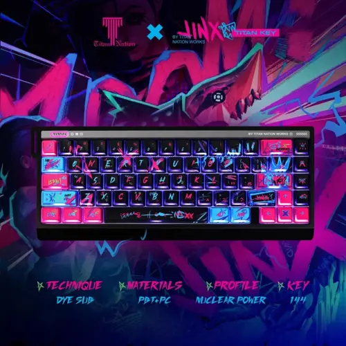keysfusion-jinx-keycaps-nuclear-power-profile-6 Full Jinx Nuclear Power keycap set displayed against Arcane-inspired background showing complete 144-key layout in pink and cyan