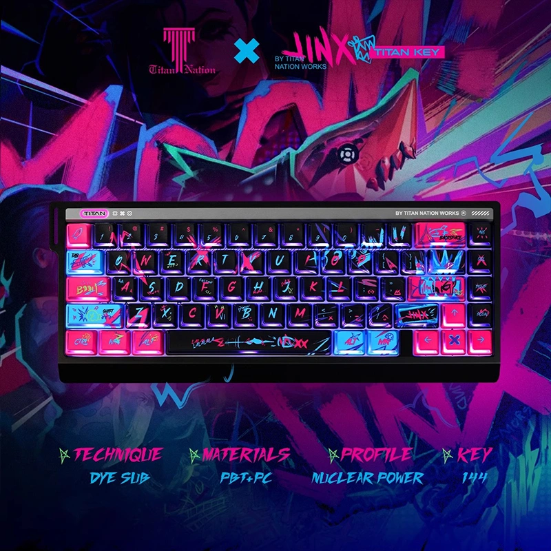 keysfusion-jinx-keycaps-nuclear-power-profile-6 Full Jinx Nuclear Power keycap set displayed against Arcane-inspired background showing complete 144-key layout in pink and cyan
