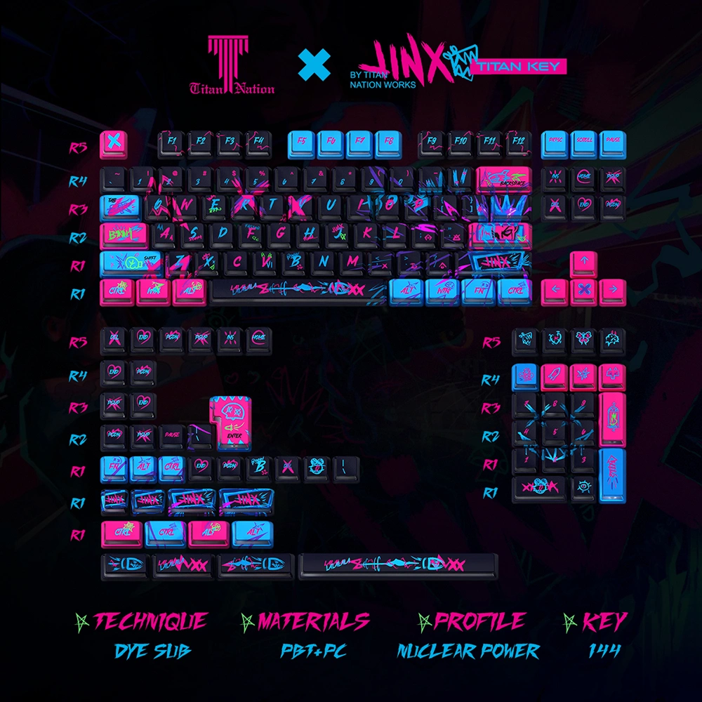 keysfusion-jinx-keycaps-nuclear-power-profile-layout Complete Jinx Nuclear Power keycap kit layout showing all 144 keys including base set and expansion with hot pink and cyan colorway