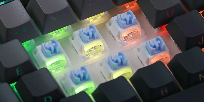 Nuclear Power Profile Keycaps: The RGB Innovation Guide (2026) Nuclear Power Profile keycaps with south-facing LEDs showing uniform RGB glow and ambient underglow effect