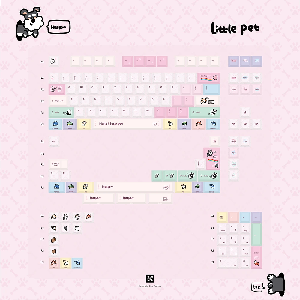 Full kitting diagram of the Cute Cartoon Pet Pink Keycaps including novelty keys with animal illustrations.