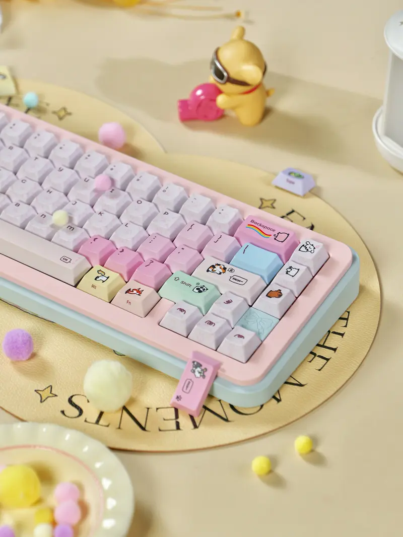 Cute Cartoon Pet Pink Cherry Profile Keycaps Mechanical keyboard displaying Pink Keycaps with cute pet motifs, rainbow icons, and a soft pastel color palette.