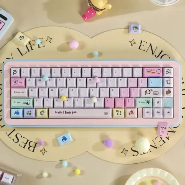 Cute Cartoon Pet Keycaps Top View Cute cartoon pet pink keycaps set installed on a compact keyboard showing animal novelty keys and pastel colors.