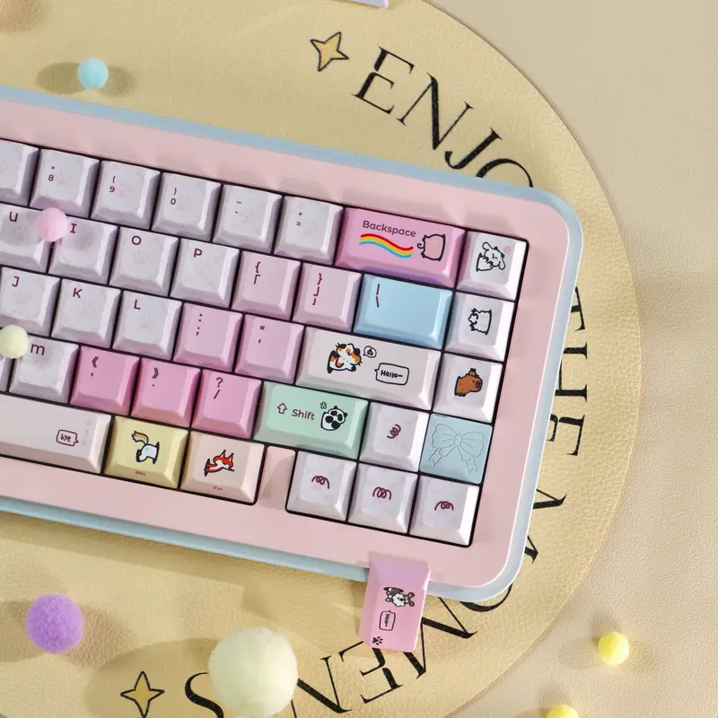 Right side view of Cute Cartoon Pet Pink Keycaps showing novelty modifier keys with sleeping animals and rainbow designs.