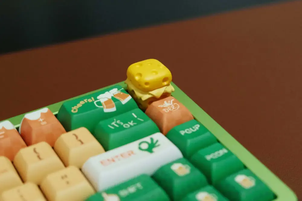Cute Cheese Magnetic Artisan Keycap Installed Cute cheese 3D printed resin artisan keycap featuring a tall profile on a custom mechanical keyboard.