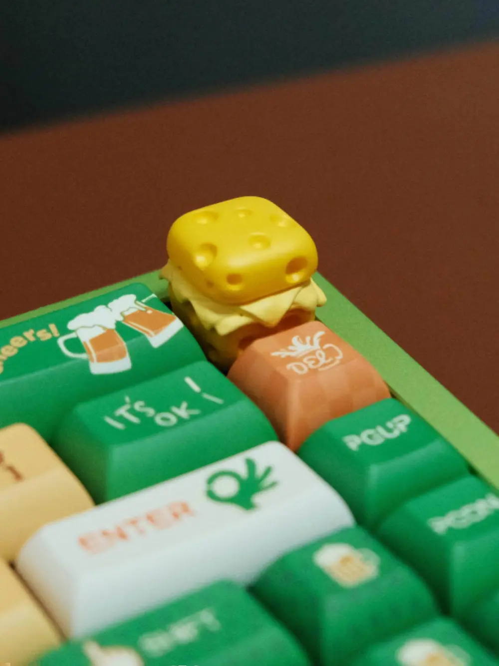 Cute Cheese Magnetic 3D Printed Resin Artisan Keycap Cute cheese 3D printed artisan keycap featuring a Swiss cheese block design on a keyboard.
