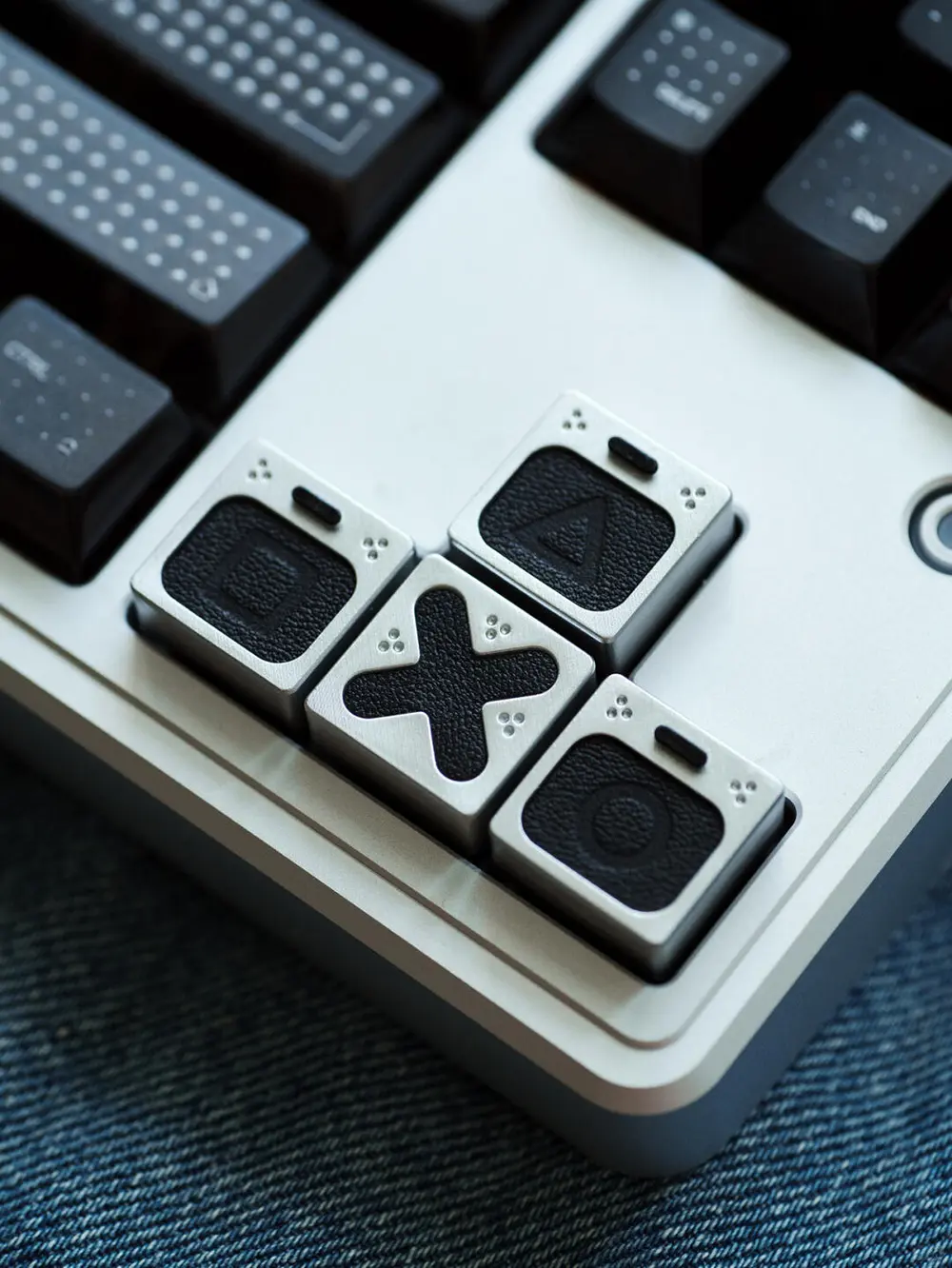 Installed Leather PlayStation Symbols Keycaps Genuine leather PlayStation keycaps installed on a keyboard showing triangle, square, circle, and cross symbols.