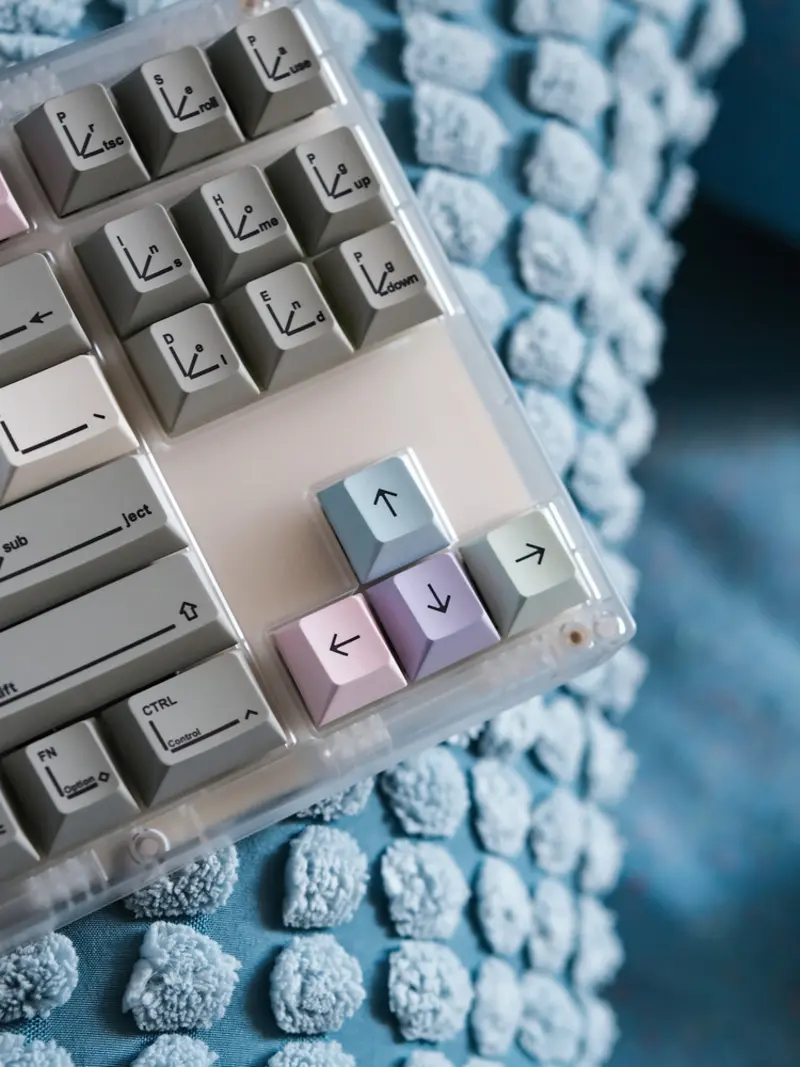 SINOKEY Pastel Keycaps detail showing colorful arrow keys and minimalist line art legends.