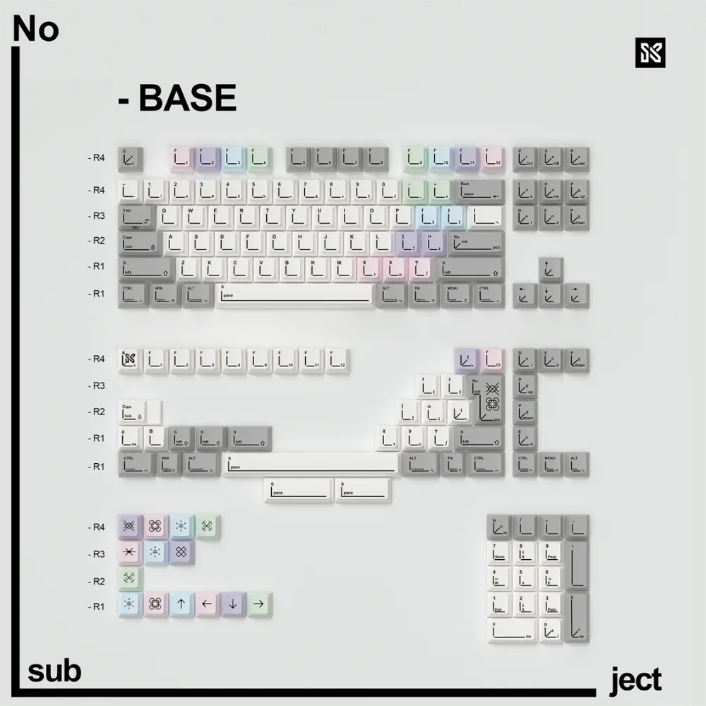Kitting overview of Pastel Keycaps with white alphas, gray modifiers, and soft gradient accent keys.
