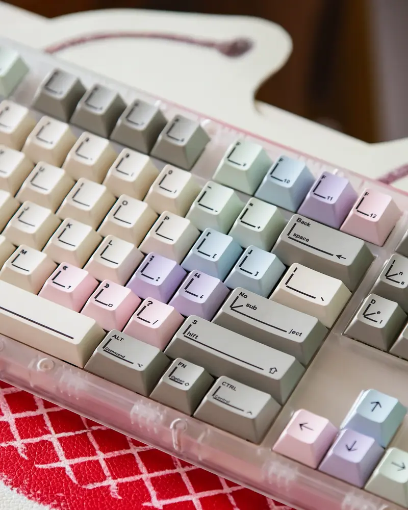 Angled shot of Pastel Keycaps featuring large minimalist font and grey modifiers on a transparent keyboard.