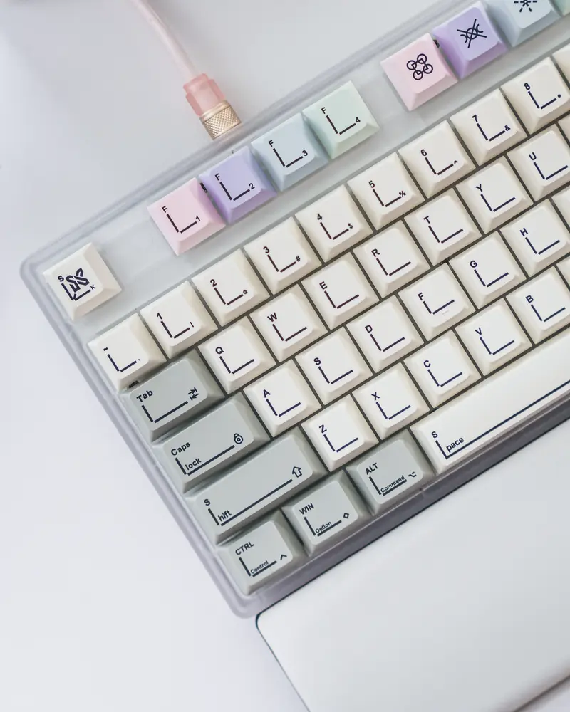 SINOKEY retro pastel keycaps installed on a keyboard showing large font line art legends.
