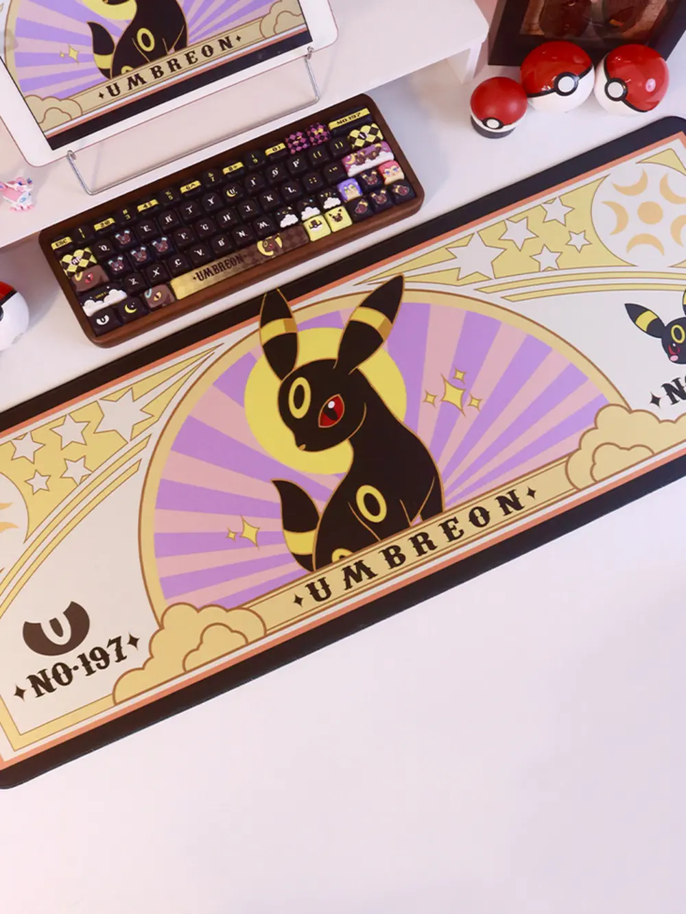 Pokemon Umbreon large gaming desk mat featuring No 197 and celestial art in a desk setup.