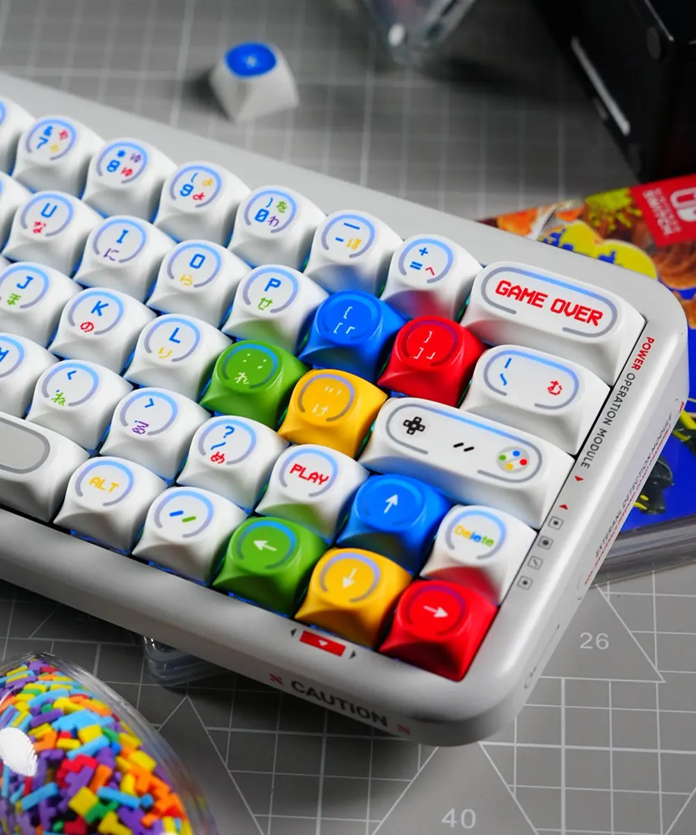 Game Console Theme Keycaps Retro Design Detail Game Console Theme Backlit MDA profile keycaps showing controller graphics and RGB-ready design.