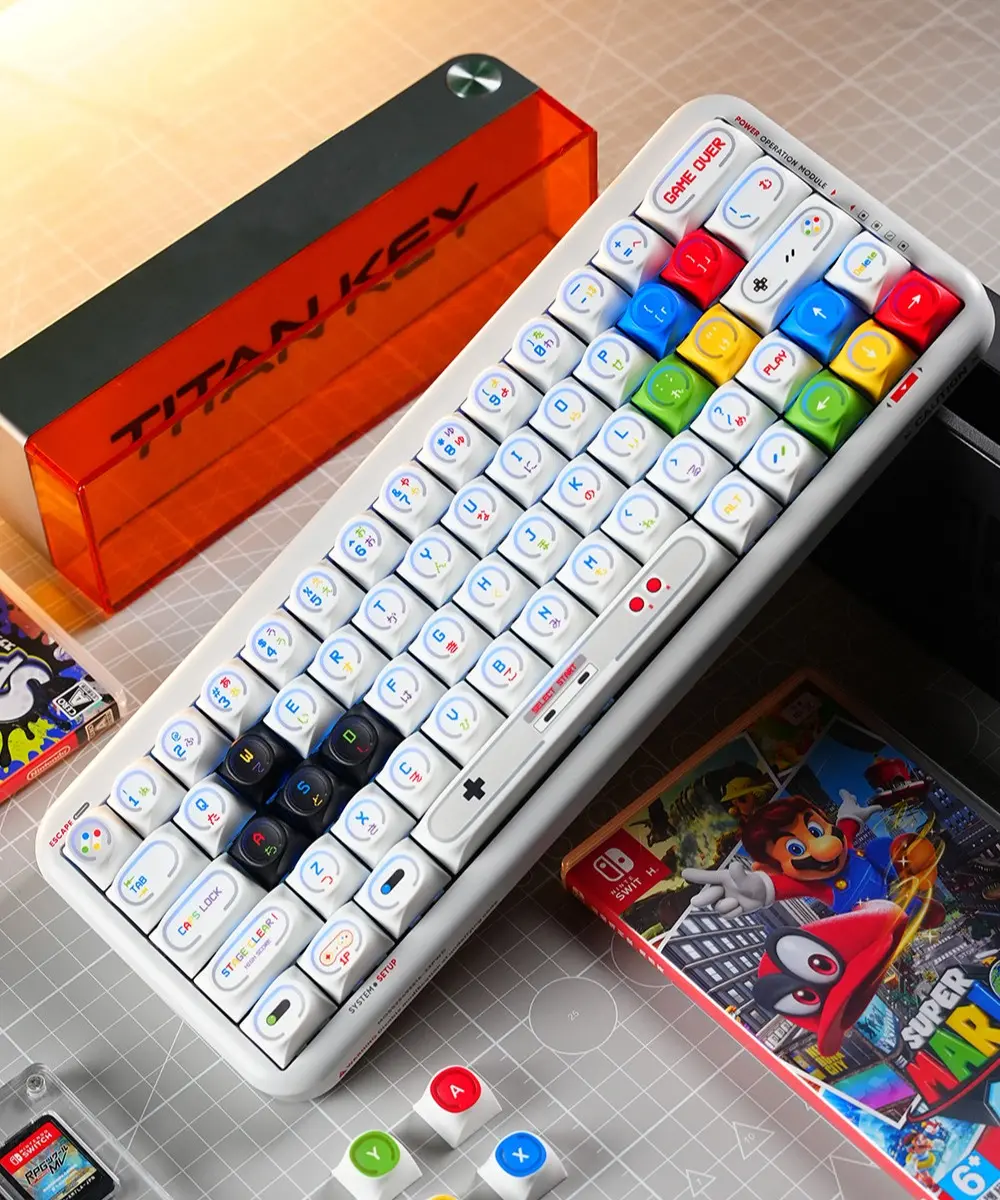 Game Console Theme MDA Keycaps Full Layout Game Console Theme Backlit MDA profile keycaps featuring retro gaming legends and translucent PC sides.
