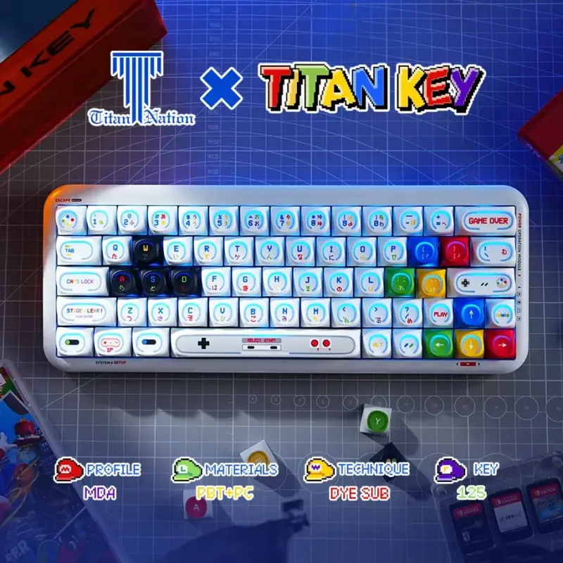 Game Console Theme MDA Keycaps Layout View Game Console Theme Backlit MDA profile keycaps layout showing retro pixel art legends and PBT PC materials.