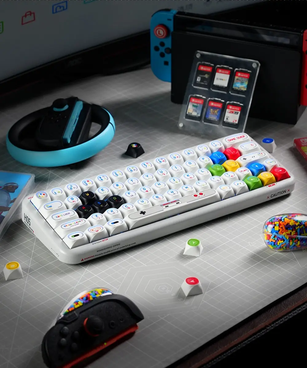 Game Console Theme Keycaps Lifestyle Setup Game Console Theme Backlit MDA profile keycaps set installed on a keyboard with retro gaming styling.