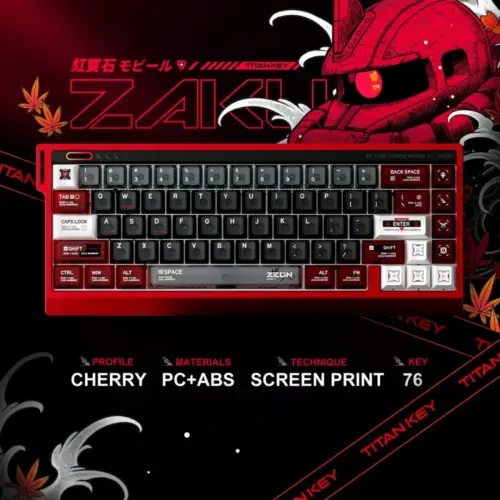 Gundam Zaku Transparent Keycaps 76-Key Set Gundam Zaku transparent keycaps featuring Zeon graphics and Cherry profile on a compact keyboard.