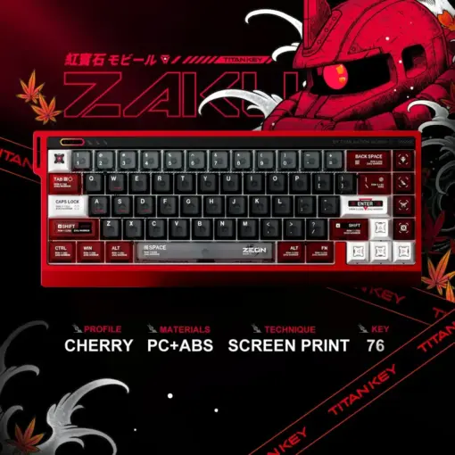 Gundam Zaku transparent keycaps featuring Zeon graphics and Cherry profile on a compact keyboard.