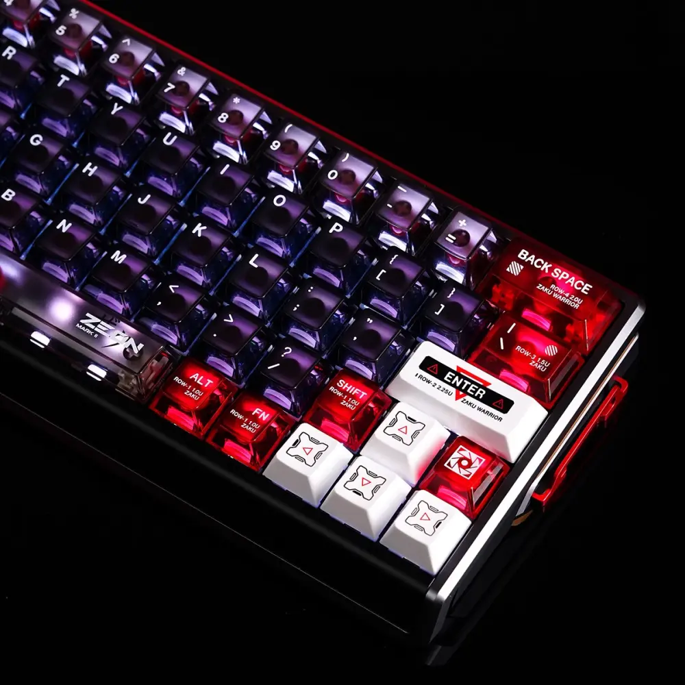 Gundam Zaku Keycaps Right Side Close Up Gundam Zaku transparent keycaps featuring red Backspace, white Enter key, and directional keys with Zeon graphics.