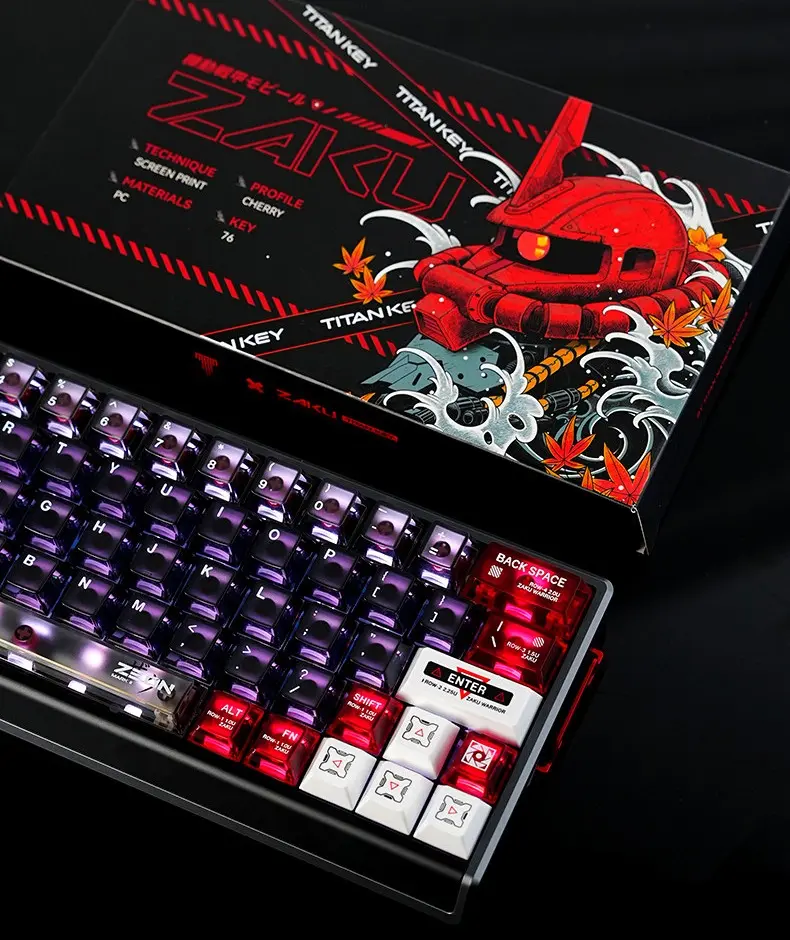 Gundam Zaku Transparent Keycaps Desktop Setup Gaming desk setup displaying Gundam Zaku Transparent keycaps on a keyboard with a matching Zaku II monitor background.