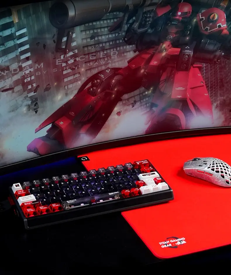 Gundam Zaku Keycaps with Packaging Gundam Zaku transparent PC+ABS keycaps set displayed on a keyboard next to the official box.