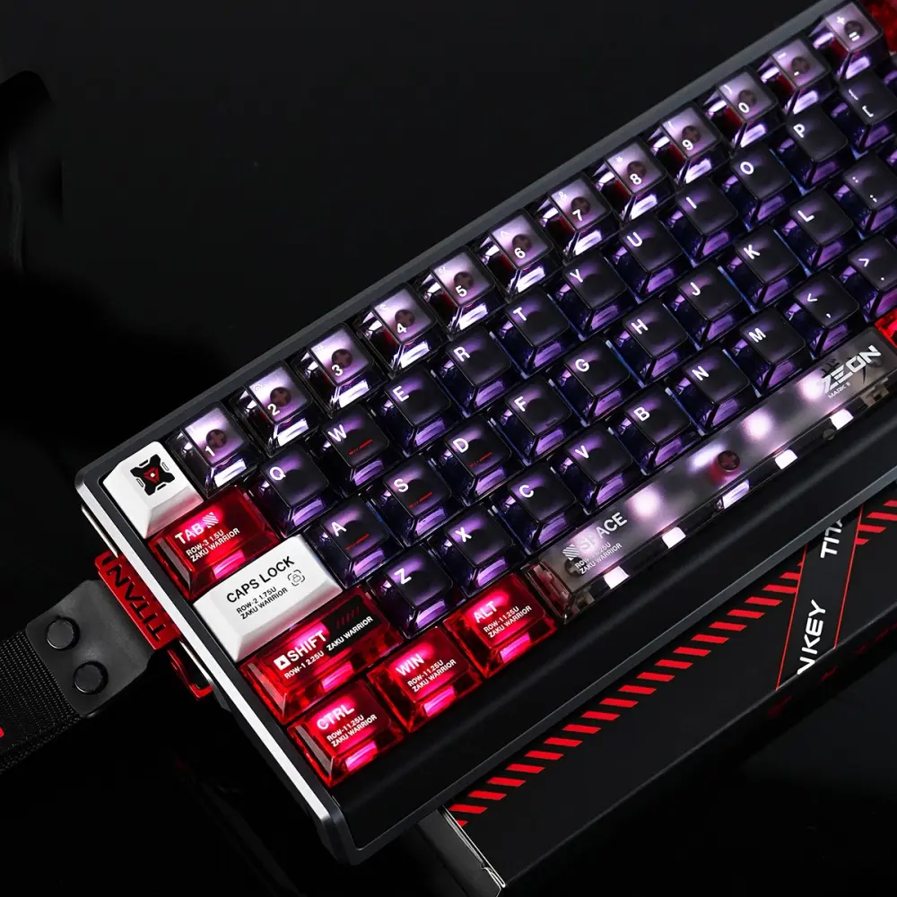 Gundam Zaku Transparent Keycaps Installed Top view of Gundam Zaku Transparent keycaps featuring distinct red Zaku Warrior keys and illuminated transparent sides.