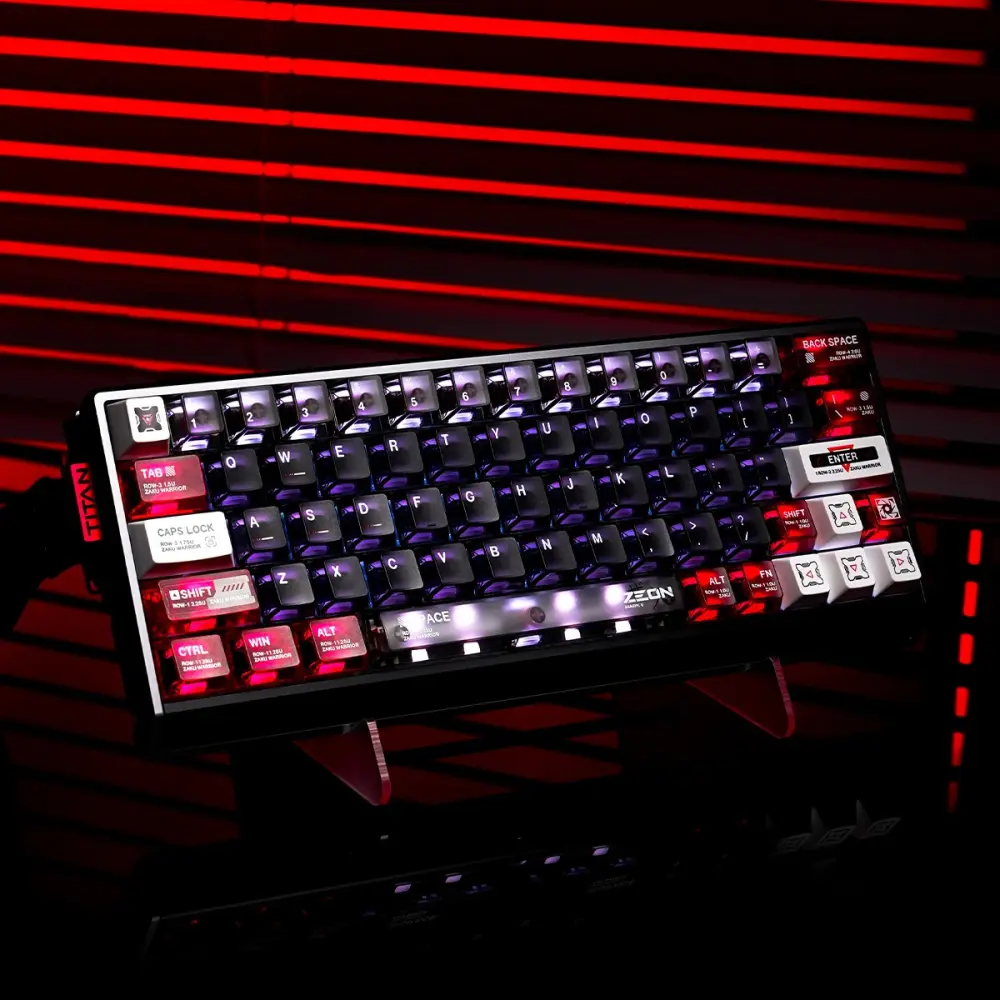 Gundam Zaku Transparent Keycaps Keyboard View Gundam Zaku transparent keycaps installed on a 76-key keyboard with dramatic red background lighting.
