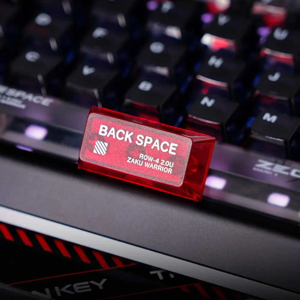 Zaku Warrior Red Transparent Backspace Keycap Translucent red Zaku Warrior backspace keycap with white screen-printed Zeon details.