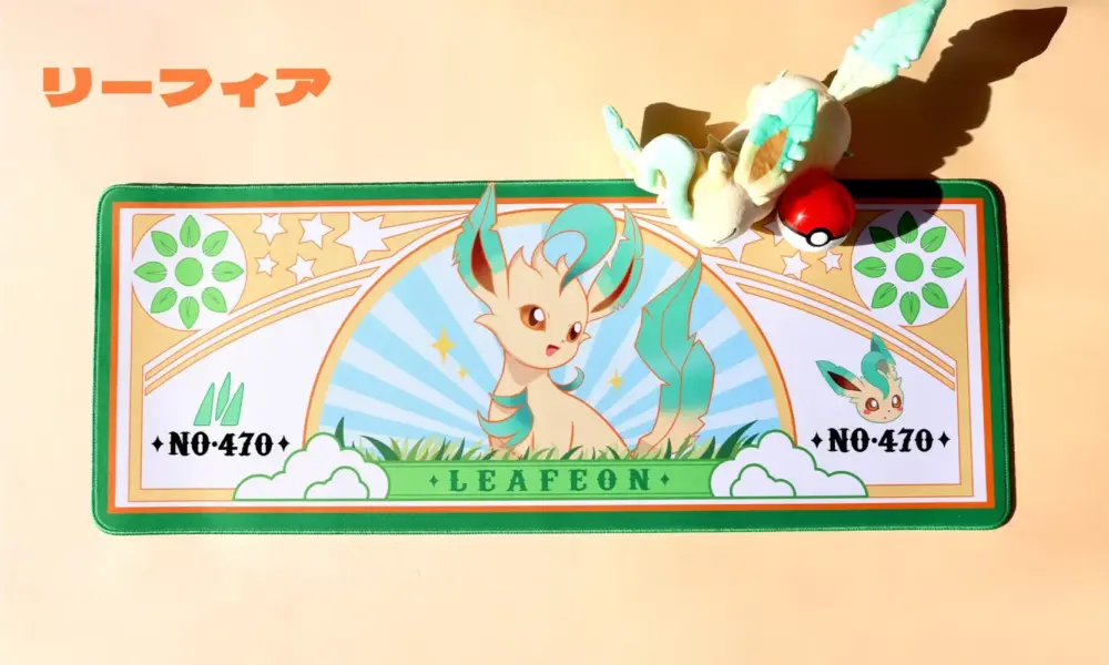 Pokemon Leafeon large gaming desk mat featuring colorful center artwork, green borders, and NO. 470 printed details.