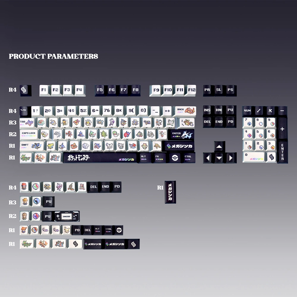 Pokemon Mega Evolution keycaps complete layout view displaying pixel art sprites and translucent design parameters.