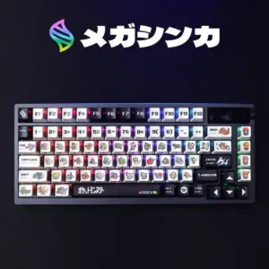 Pokemon Mega Evolution Keycaps Full Layout Pokemon Mega Evolution keycaps on a keyboard featuring pixel art sprites, Japanese text, and translucent sides.
