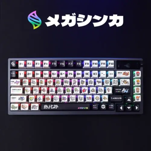 Pokemon Mega Evolution Keycaps Full Layout Pokemon Mega Evolution keycaps on a keyboard featuring pixel art sprites, Japanese text, and translucent sides.
