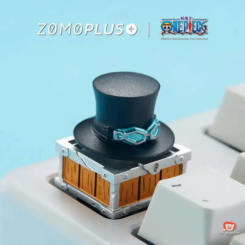 ZOMOPLUS One Piece Sabo Hat artisan keycap mounted on a mechanical keyboard.