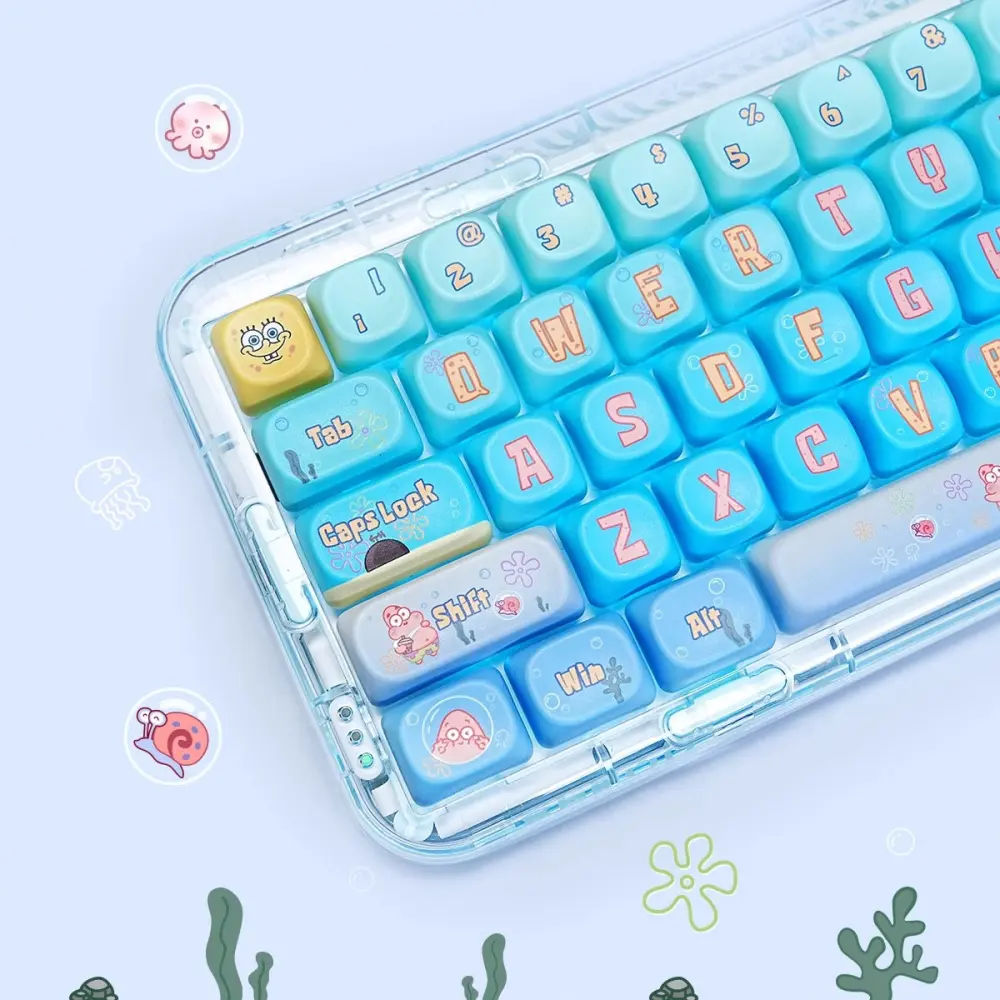 SpongeBob Gradient Keycaps Close Up Close up of SpongeBob keycaps on a clear keyboard highlighting the rounded MOA shape.