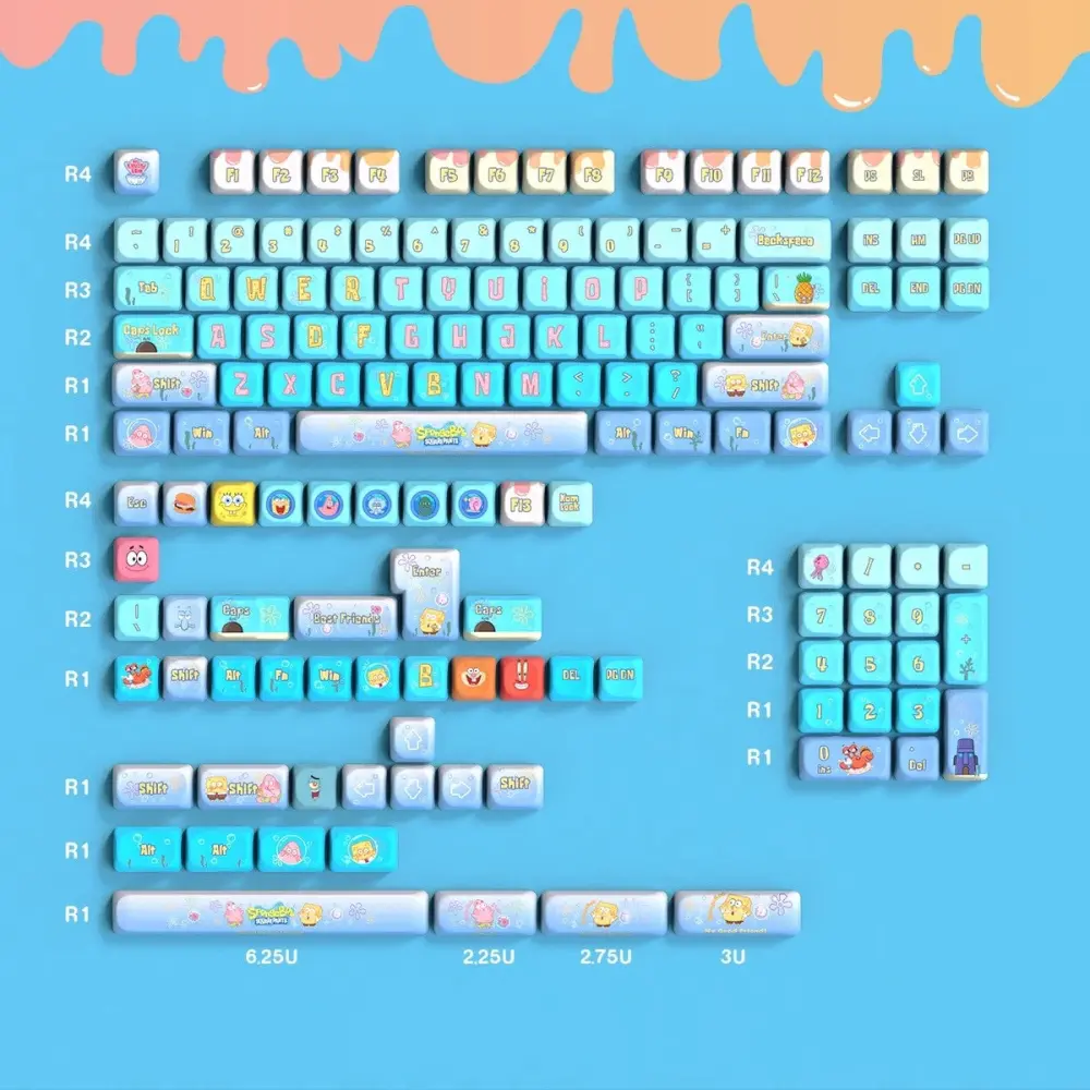 SpongeBob Keycaps Full Set Layout Complete 150-key SpongeBob keycaps set laid out by row featuring light blue keys and character designs.