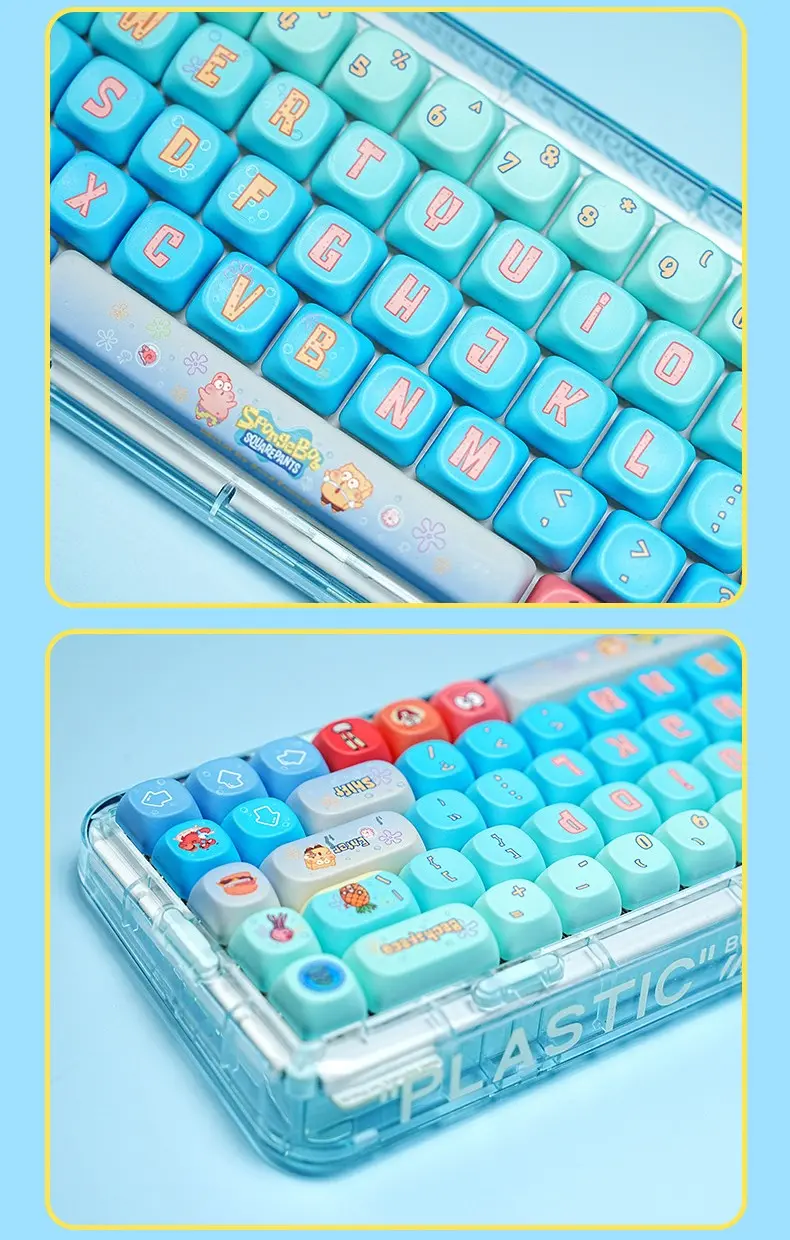 SpongeBob MOA Profile Keycaps Close-Up Clear keyboard case displaying cute SpongeBob PBT keycaps with pastel blue keys and character icons.