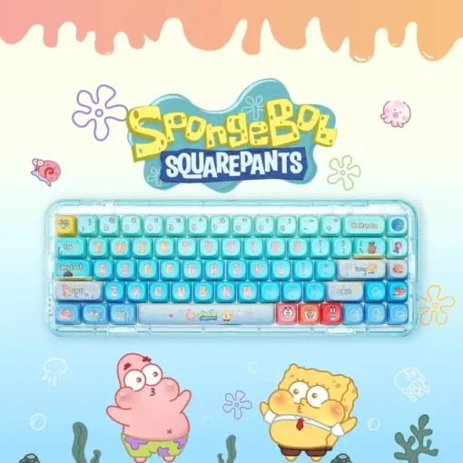 Cute SpongeBob MOA Keycaps Keyboard Display Top-down view of spongebob keycaps on a light blue keyboard with Patrick and SpongeBob graphics.
