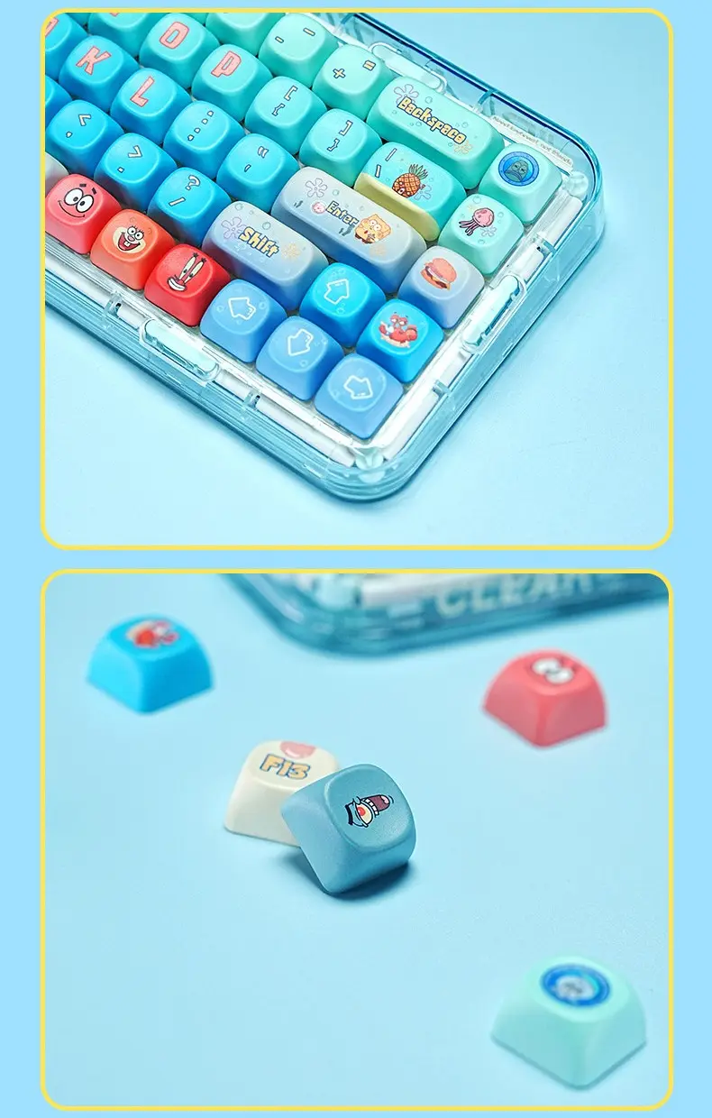 Cute SpongeBob MOA Profile Keycaps Close Up Cute SpongeBob PBT keycaps on a clear keyboard and scattered pieces highlighting dye-sub character details.