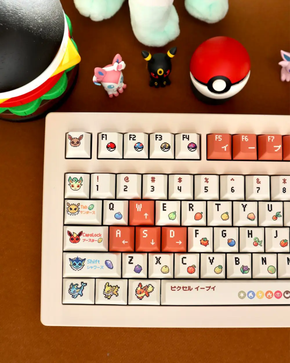 Top-down view of Pokemon Eevee pixel Cherry profile keycaps installed on a keyboard with background figures.