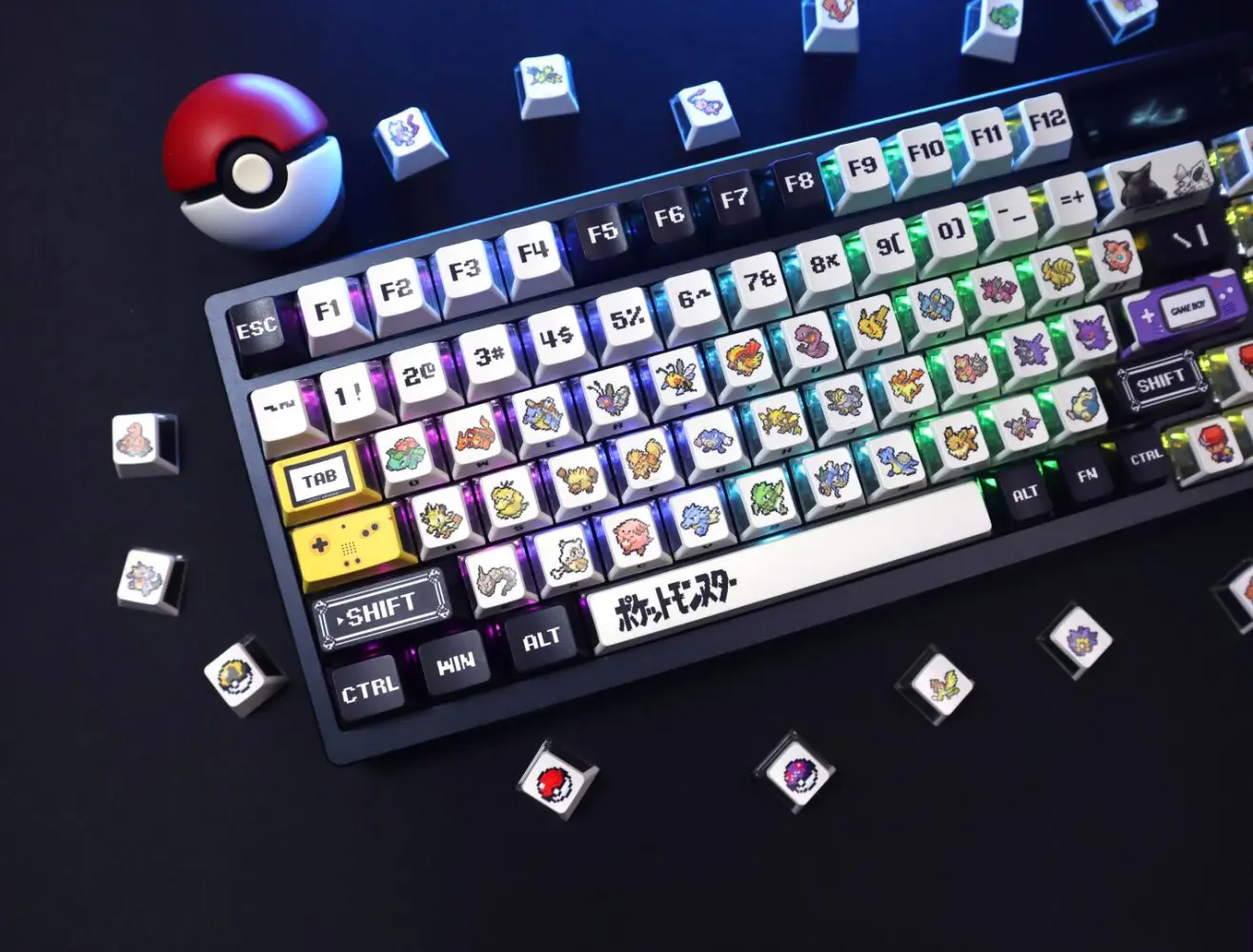 Mechanical keyboard featuring Pokemon three-side translucent keycaps with illuminated RGB effects and pixel art.
