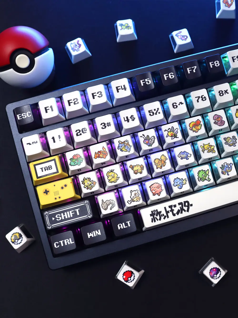 Top view of Pokemon pixel art translucent keycaps illuminated by RGB keyboard lighting.