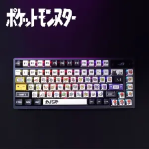 Pokemon Red and Green pixel keycaps installed on an RGB mechanical keyboard, showing vibrant lighting.