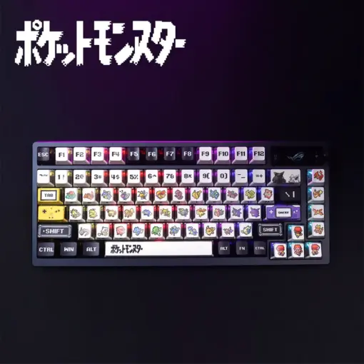 Pokemon Red and Green pixel keycaps installed on an RGB mechanical keyboard, showing vibrant lighting.